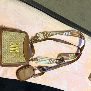 Steve Madden Brown and Tan Woven Crossbody Bag with Logo Strap